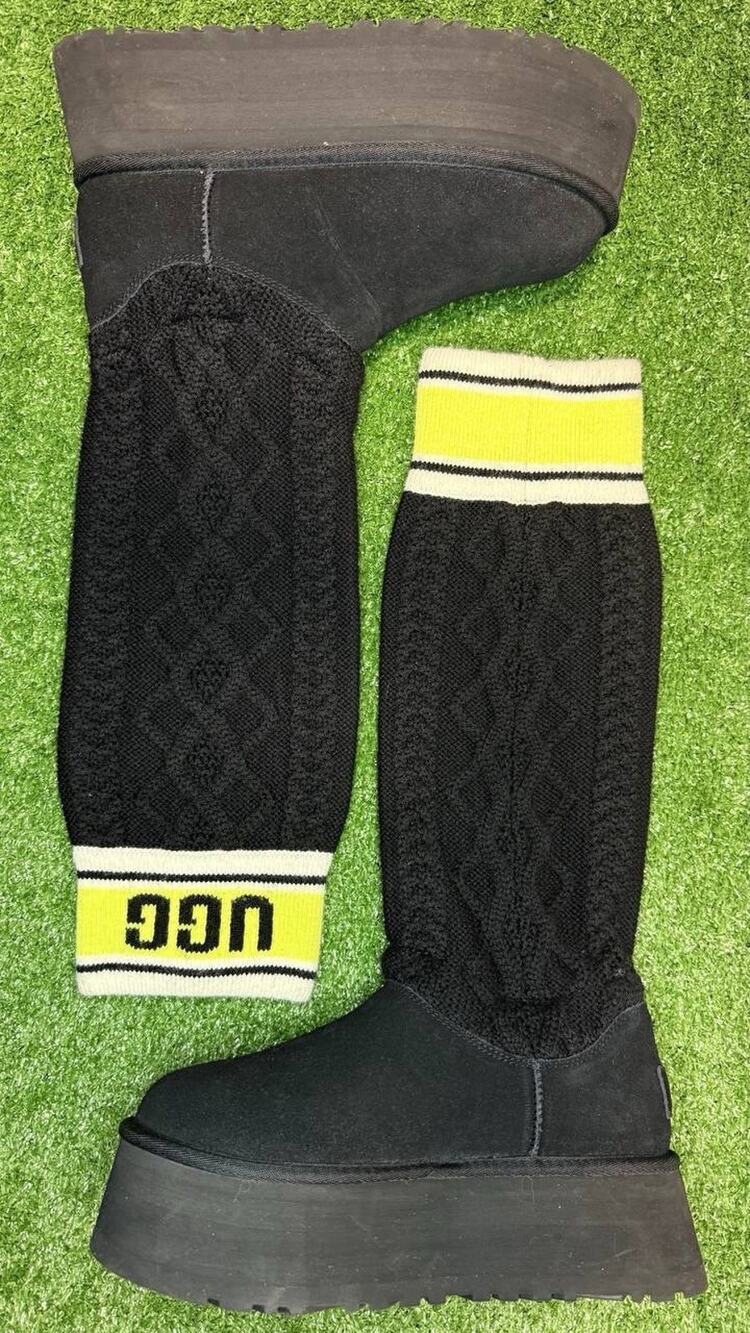 UGG Classic Sweater Letter platform boots black/yellow logo cuff women’s 7 size